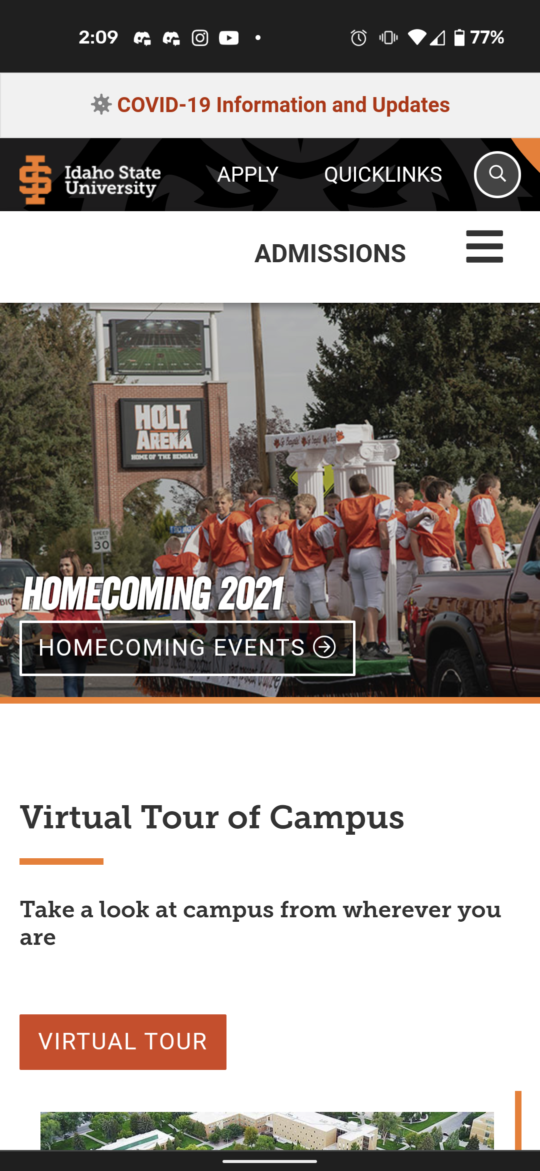 Screenshot of Idaho State University's main webpage